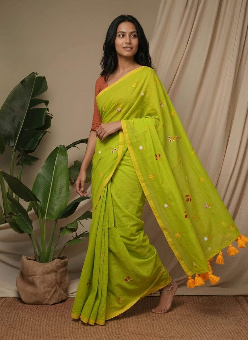 Bonful Handloom Mul Cotton Saree with Embroidery Work