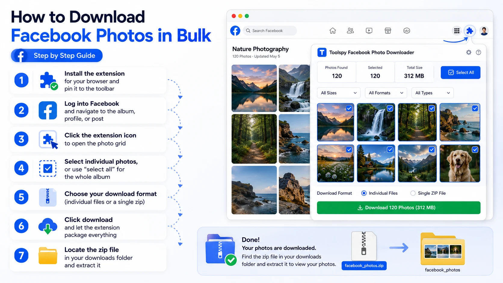 How to download Facebook photos in bulk with Toolspy extension
