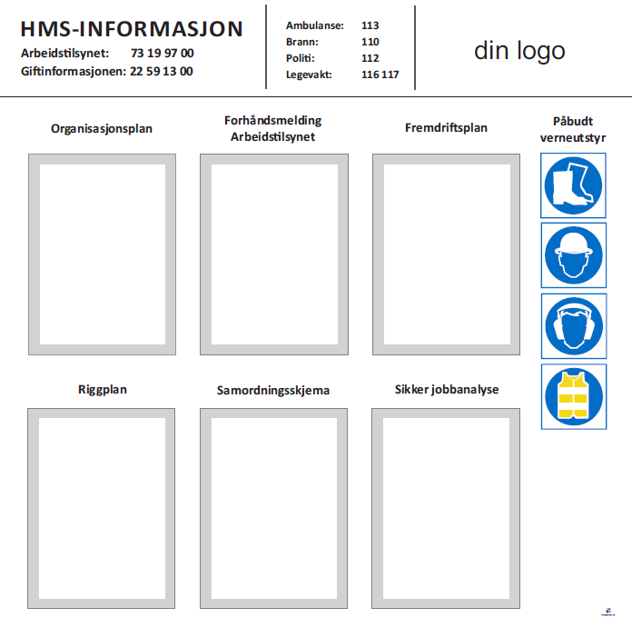 Eksempel på HMS-TAVLE 100X100CM MED KLIPSRAMMER