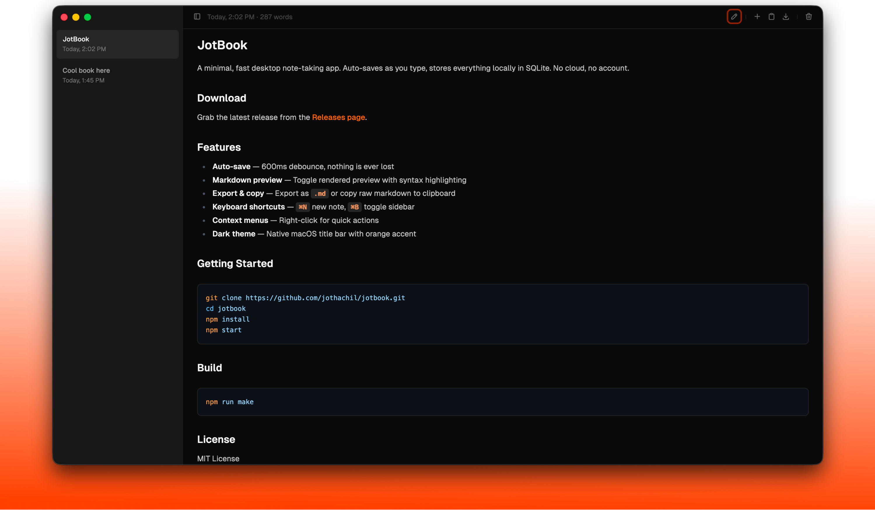 JotBook app screenshot showing the editor and sidebar