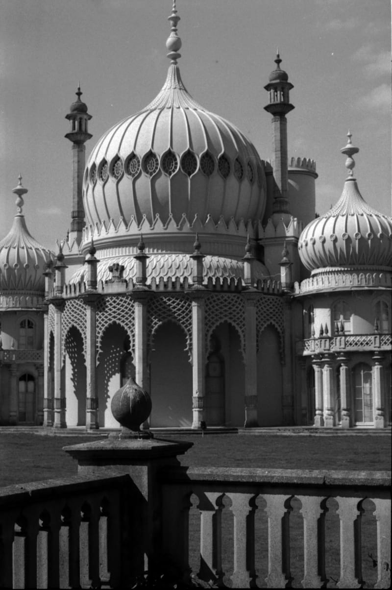 A black and white photograph of Brighton Royal Pavilion taken on a Asahi Pentax Spotmatic F on HP5 film