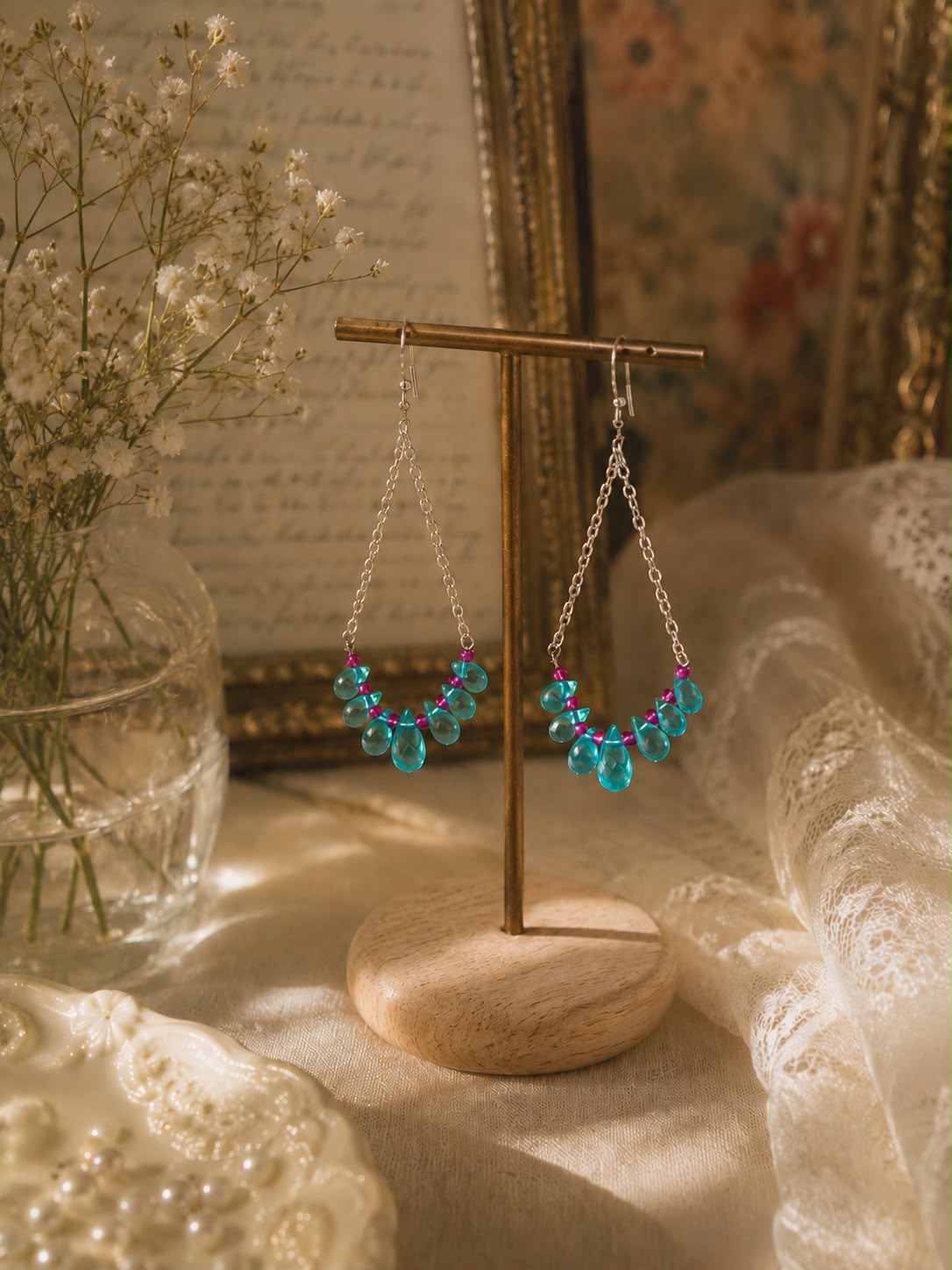 Aquamarine earrings on display