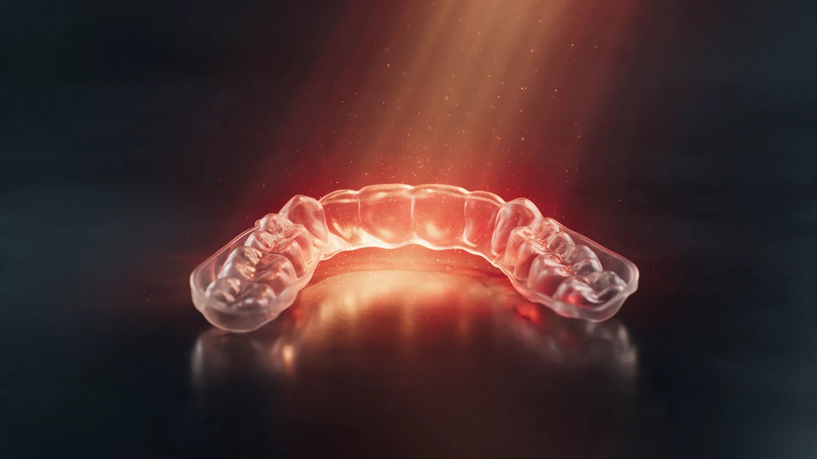 Haz de láser de baja potencia atravesando un alineador invisible — fotobiomodulación aplicada en el protocolo de AM Estética Dental