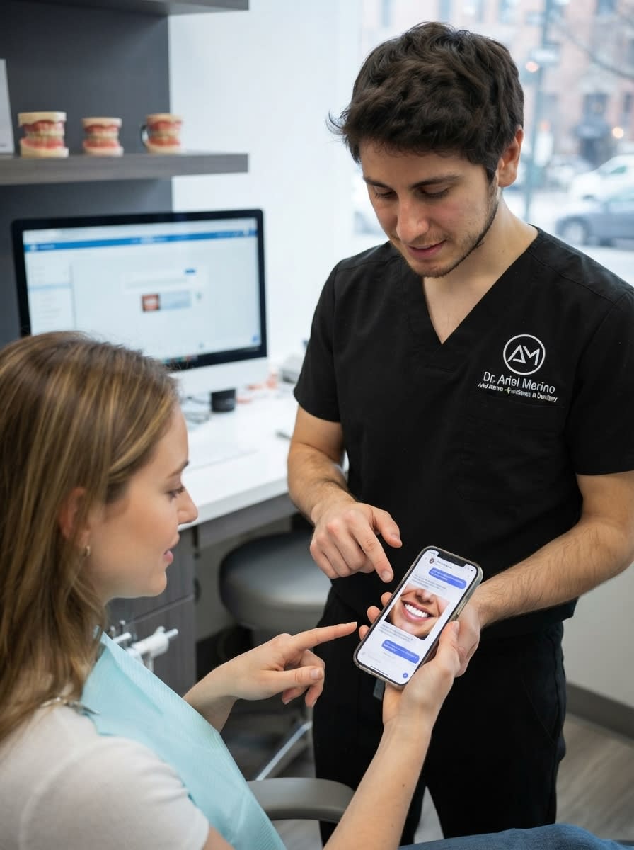 El Dr. Ariel Merino analiza junto a una paciente la imagen de sonrisa generada por inteligencia artificial