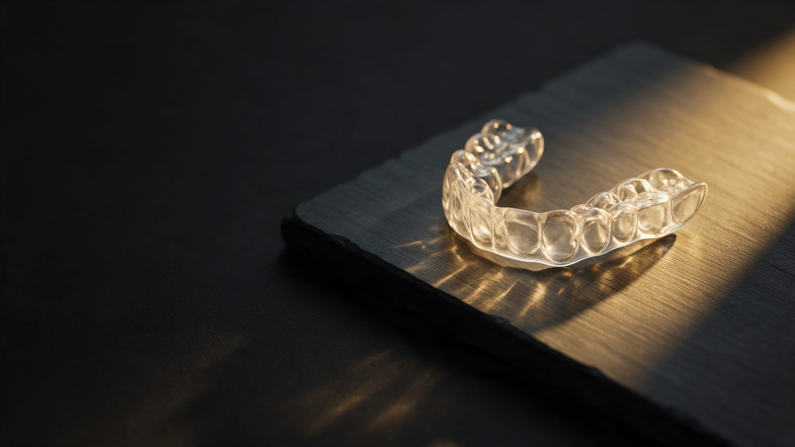 Placa de descarga para bruxismo apoyada sobre piedra oscura, iluminada con luz cálida — AM Estética Dental, Puerto Madero
