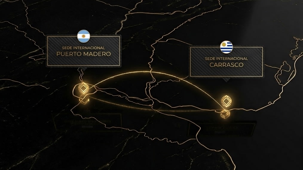 Mapa de las sedes internacionales de AM Estética Dental: Puerto Madero en Buenos Aires, Argentina, y zona Carrasco en Montevideo, Uruguay