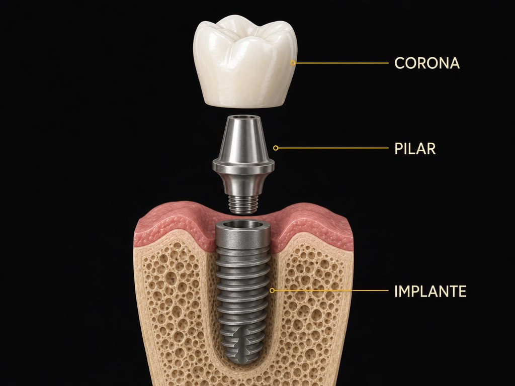 Diagrama despiezado de un implante dental: la corona de cerámica arriba, el pilar en el medio y el tornillo de titanio insertado en el hueso maxilar