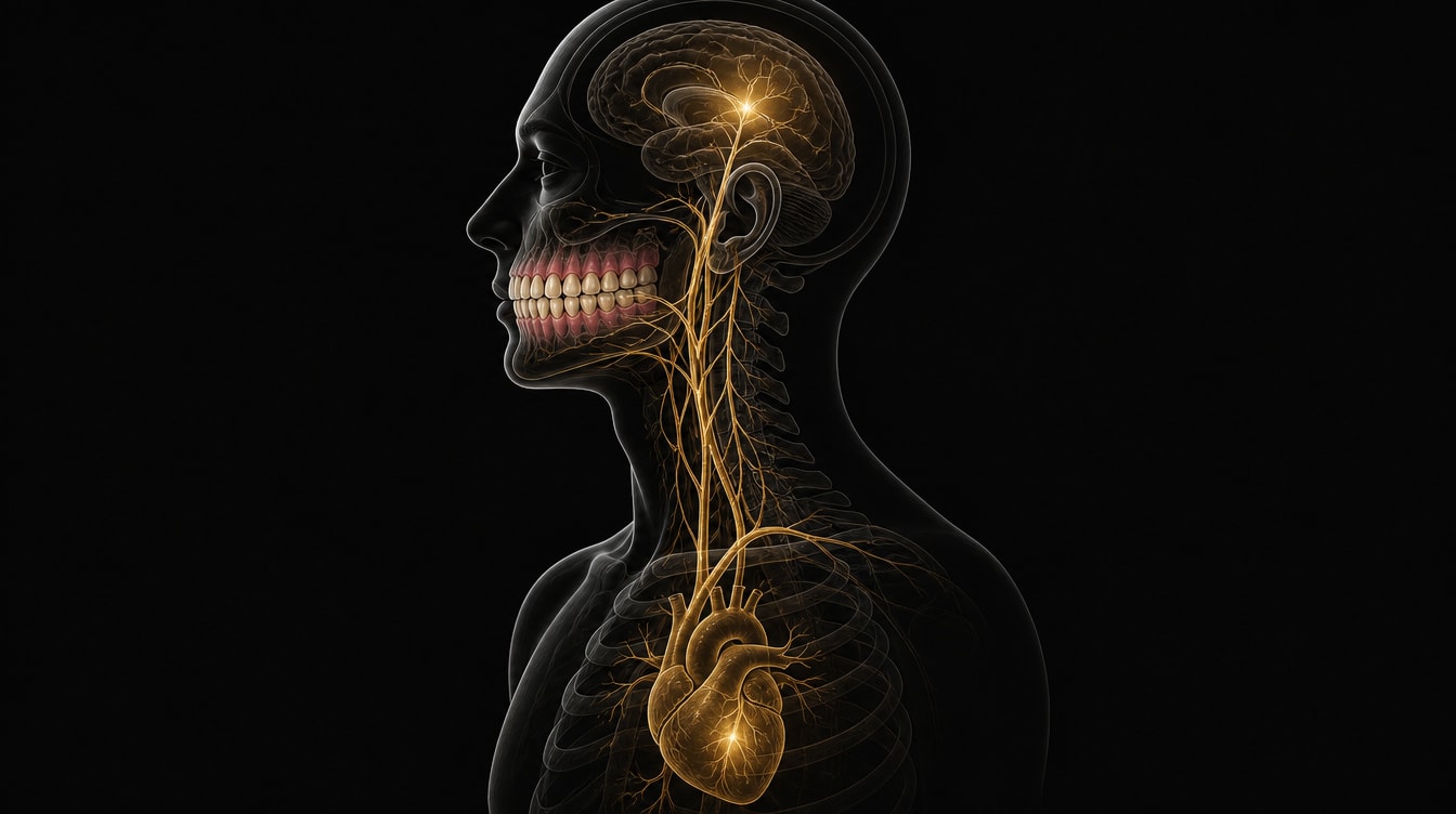 Ilustración del recorrido de las bacterias desde las encías inflamadas hacia el torrente sanguíneo, el corazón y el cerebro