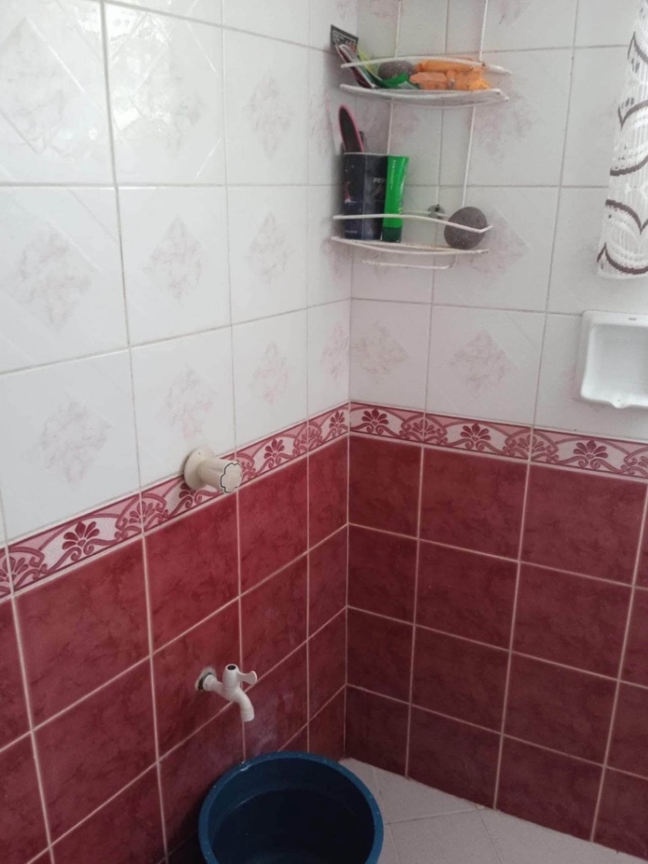 Bathroom with red and white tiled walls in a house and lot for sale in Buagson, Catarman, Cordova, Cebu.