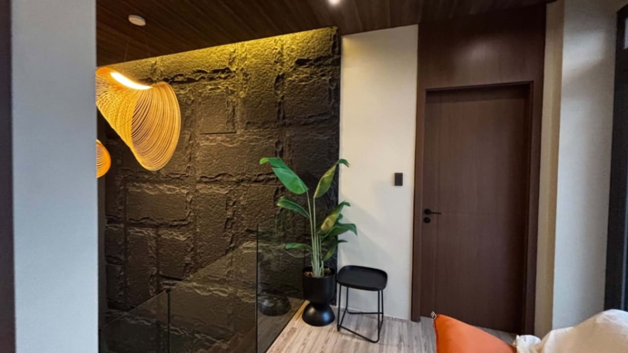 Dark stone accent wall with decorative lighting, indoor plant, and wooden doorway inside a modern 3-storey house for sale in Cebu City.