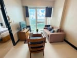 The Alcoves fully furnished 1-bedroom condo living room with sofa and city view