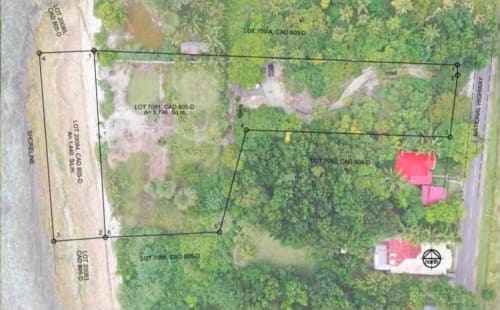 Aerial view of a 7,251 sqm beach lot for sale in Santander, Cebu, with approximately 71 meters of seafront
