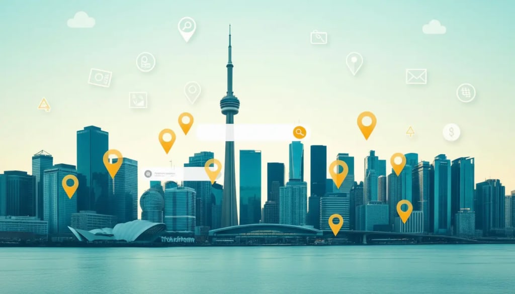 Toronto skyline with local SEO map pins and search icons