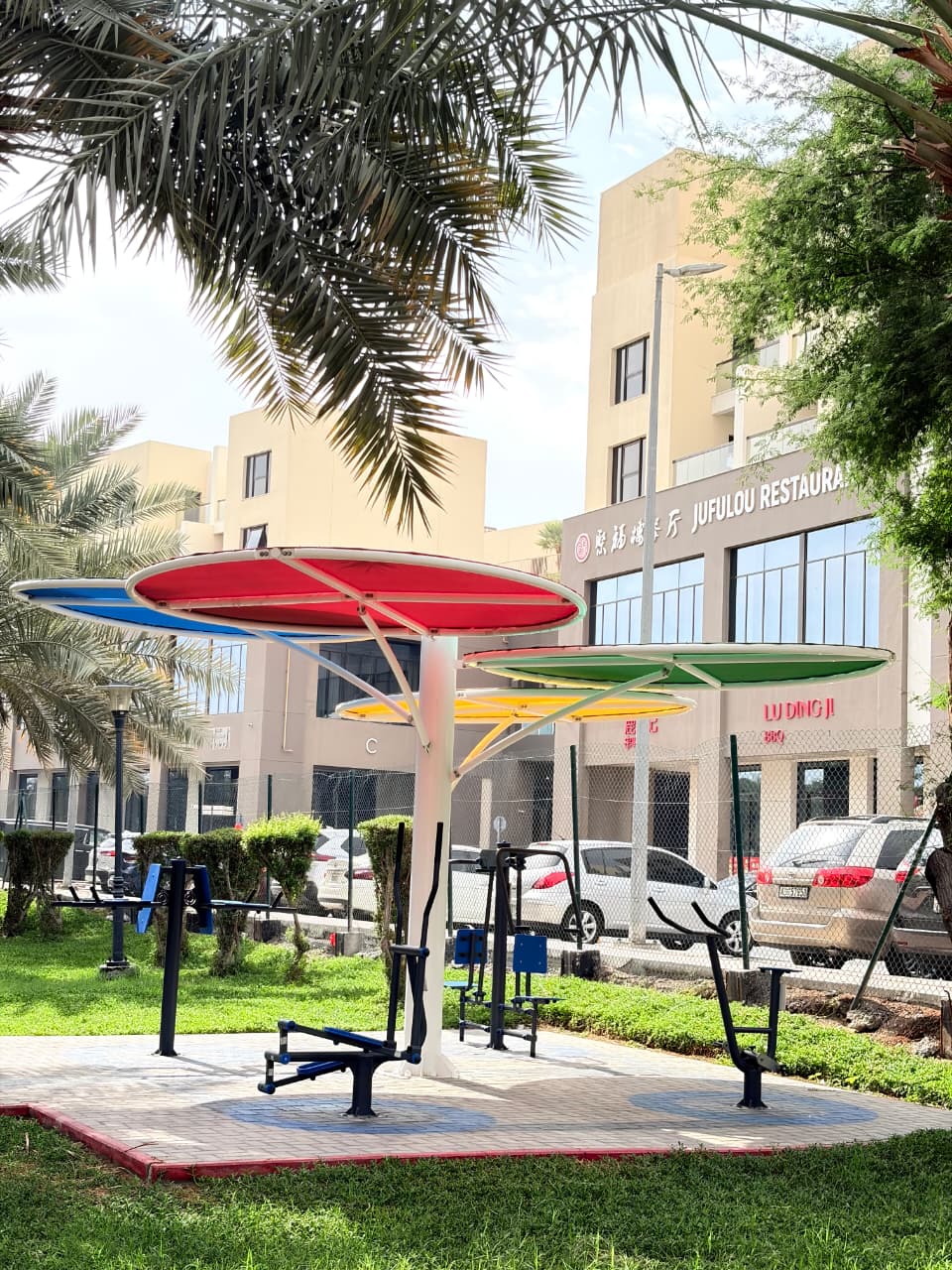Warsan Village International City Dubai - Outdoor Exercise Machines Improvement and Shade Structure Installation