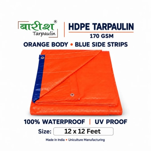 Pack Of 10 Barish 12x12 Ft 170 GSM Orange-Blue Tripal/Tarpaulin  | Waterproof, UV-Resistant, Lasts 2+ Yrs | Monsoon Roofing, Construction, Cargo & Flood/Disaster Relief Shelter Cover (12x12 ft) | त्रिपाल - image 1