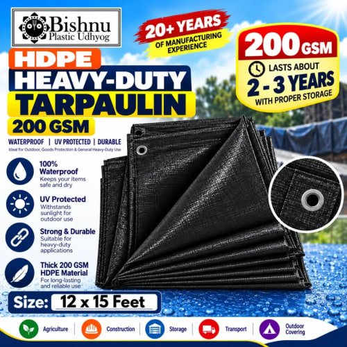 200 GSM Black Tripal/Tarpaulin 12x15 ft | Waterproof, UV-Resistant, Lasts 2–3 Yrs | Monsoon Roofing, Construction, Cargo & Flood/Disaster Relief Shelter Cover (12*15 ft) | त्रिपाल - image 1