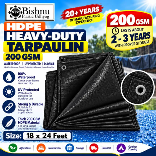 200 GSM Black Tripal/Tarpaulin 18x24 Ft | Waterproof, UV-Resistant, Lasts 2–3 Yrs | Monsoon Roofing, Construction, Cargo & Flood/Disaster Relief Shelter Cover (18*24 ft) | त्रिपाल - image 1