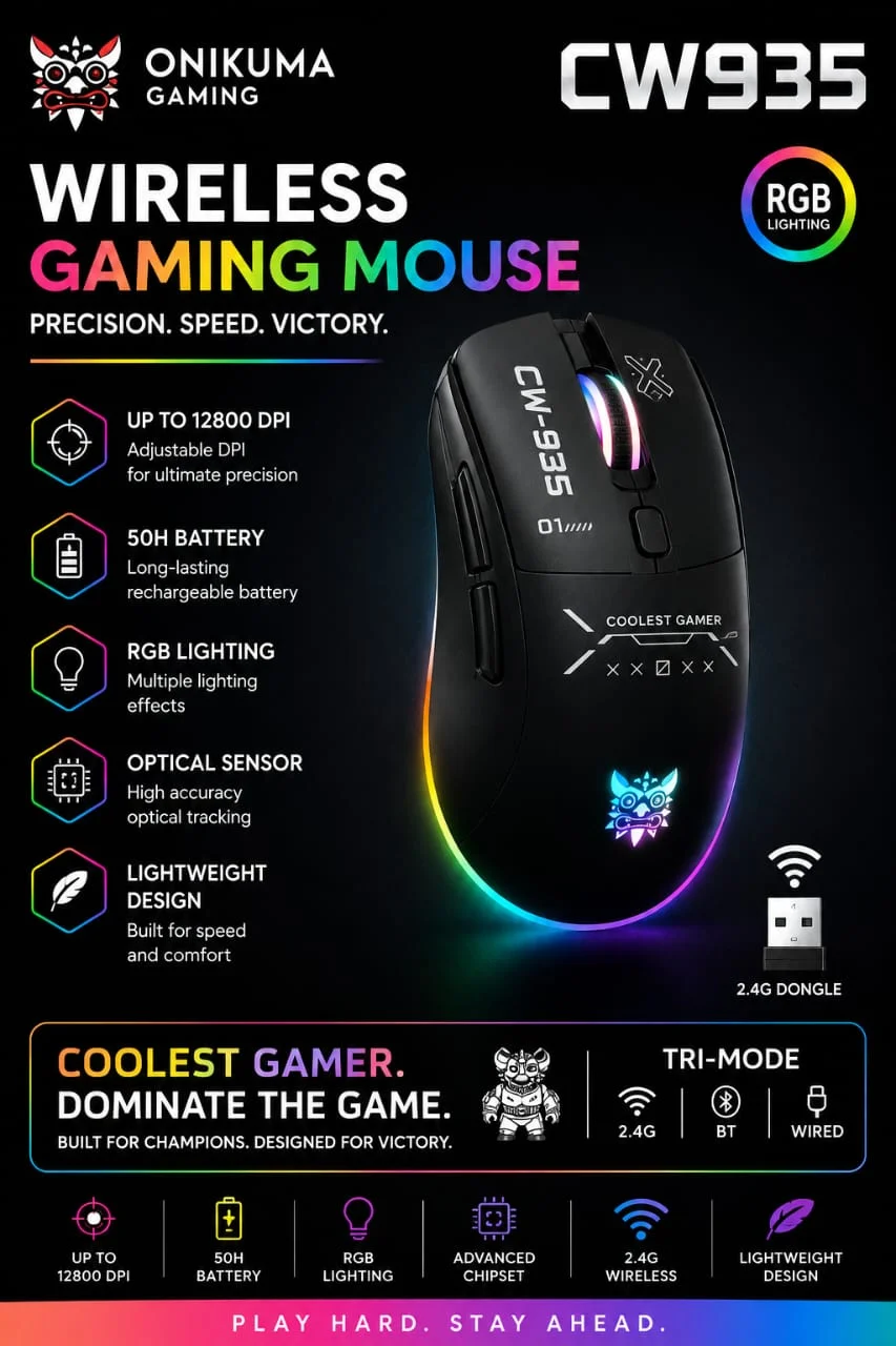 ONIKUMA CW935 Black Tri-Mode Wireless RGB Gaming Mouse (12800 DPI) - image 2