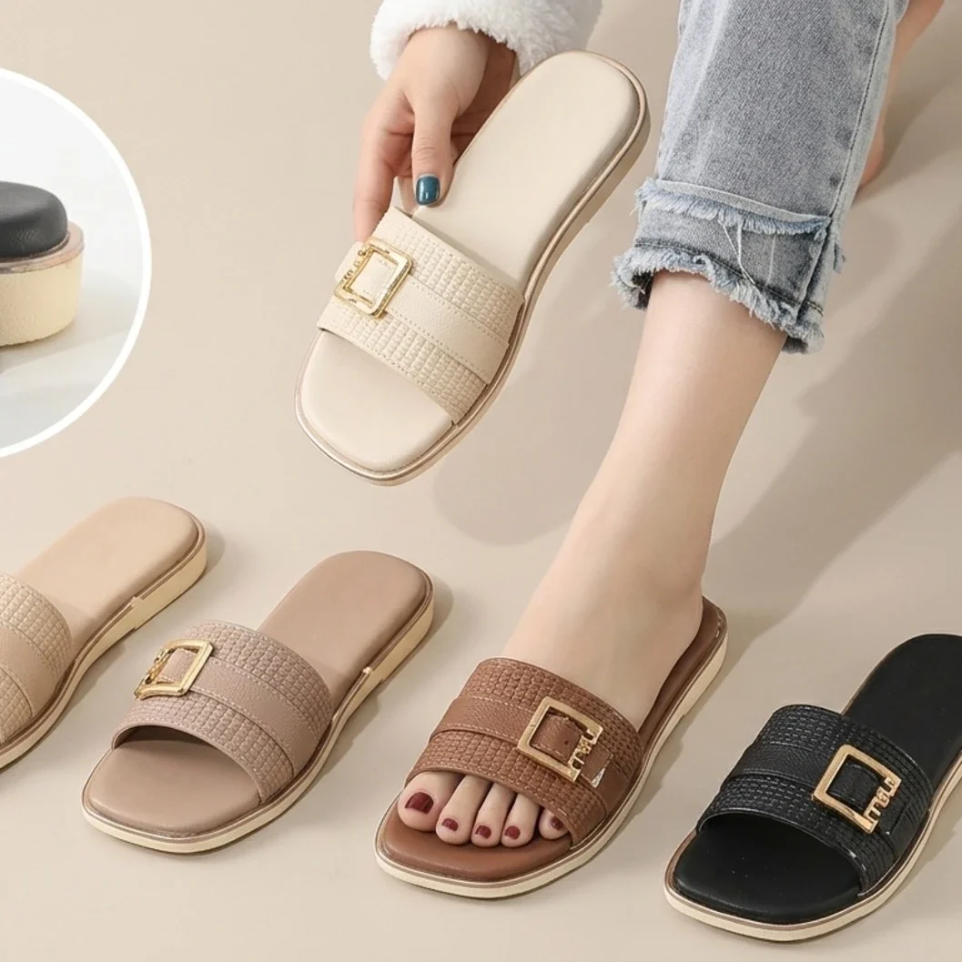 Women's Gold Square Buckle Textured Flat Slide Sandals - image 2