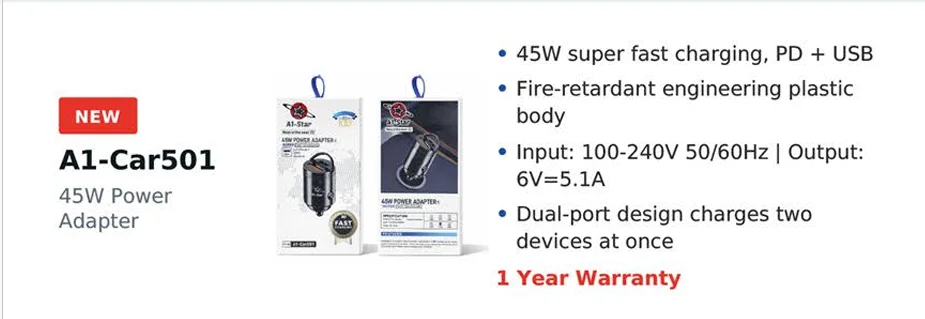 A1-Star A1-Car501 45W Super Fast Charging Dual Port Car Charger with Quick Charge - image 2