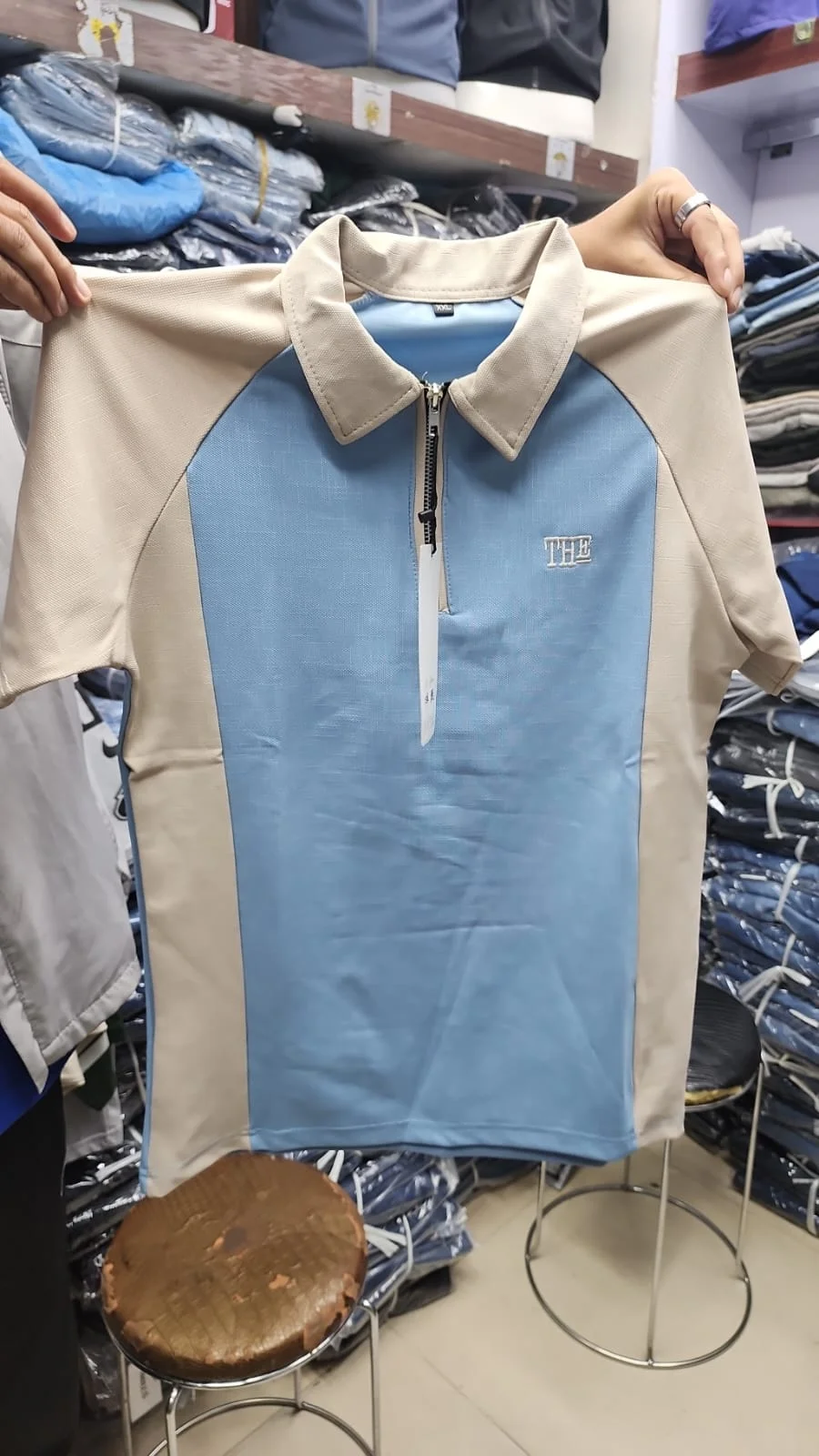 Sky Blue & Beige Half-Zip Polo T-Shirt – Stylish Color Block Design - image 2