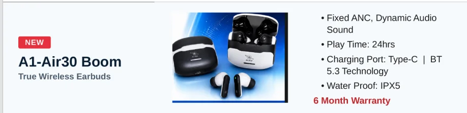 A1-Star A1-Air30 BOOM TWS Wireless Earbuds with Bluetooth 5.3 & 30 Hours Playtime - image 2