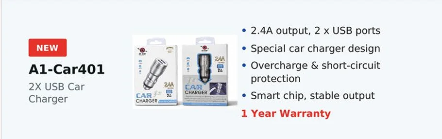 A1-Star A1-CAR 401 Metallic Dual USB Car Charger with 2.4A Output & Smart Protection - image 2