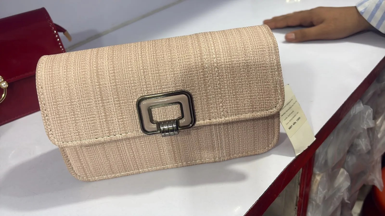 Elegant Fabric-Textured Handbag with Square Lock Detail - image 2
