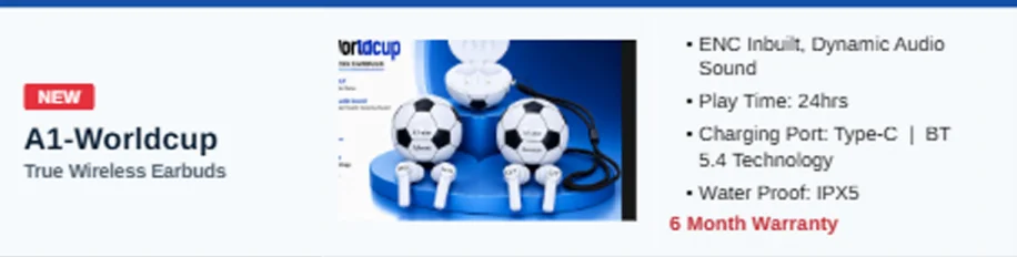 A1-Star A1-Worldcup Football-Themed Wireless Earbuds with Dynamic Audio Sound & 150 Hours Standby - image 2