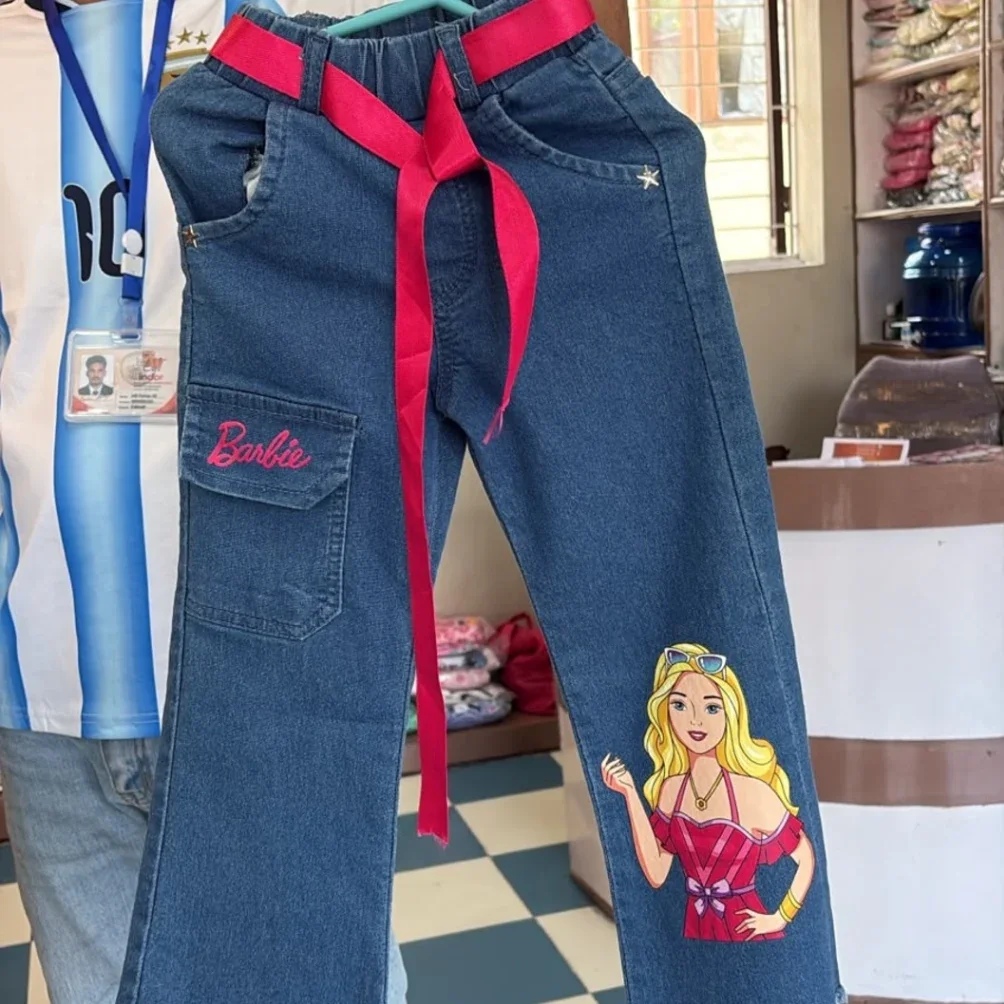 Girls' Barbie Wide-Leg Denim Jeans with Hot Pink Ribbon Belt - image 2