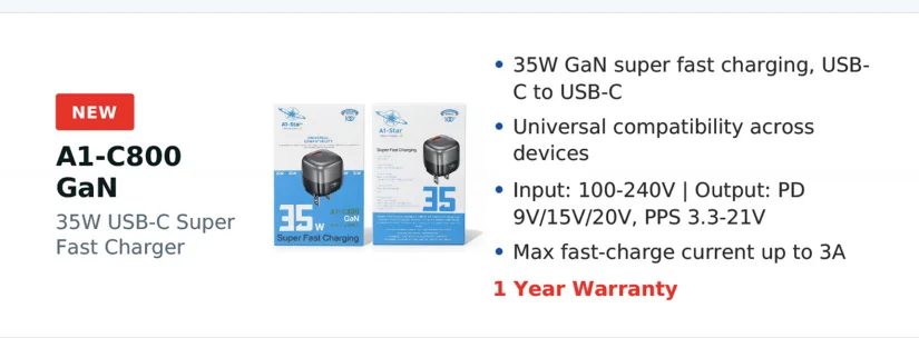 A1-Star 35W GaN Dual USB-C Super Fast Charger (Model: A1-C800 GaN) - image 2