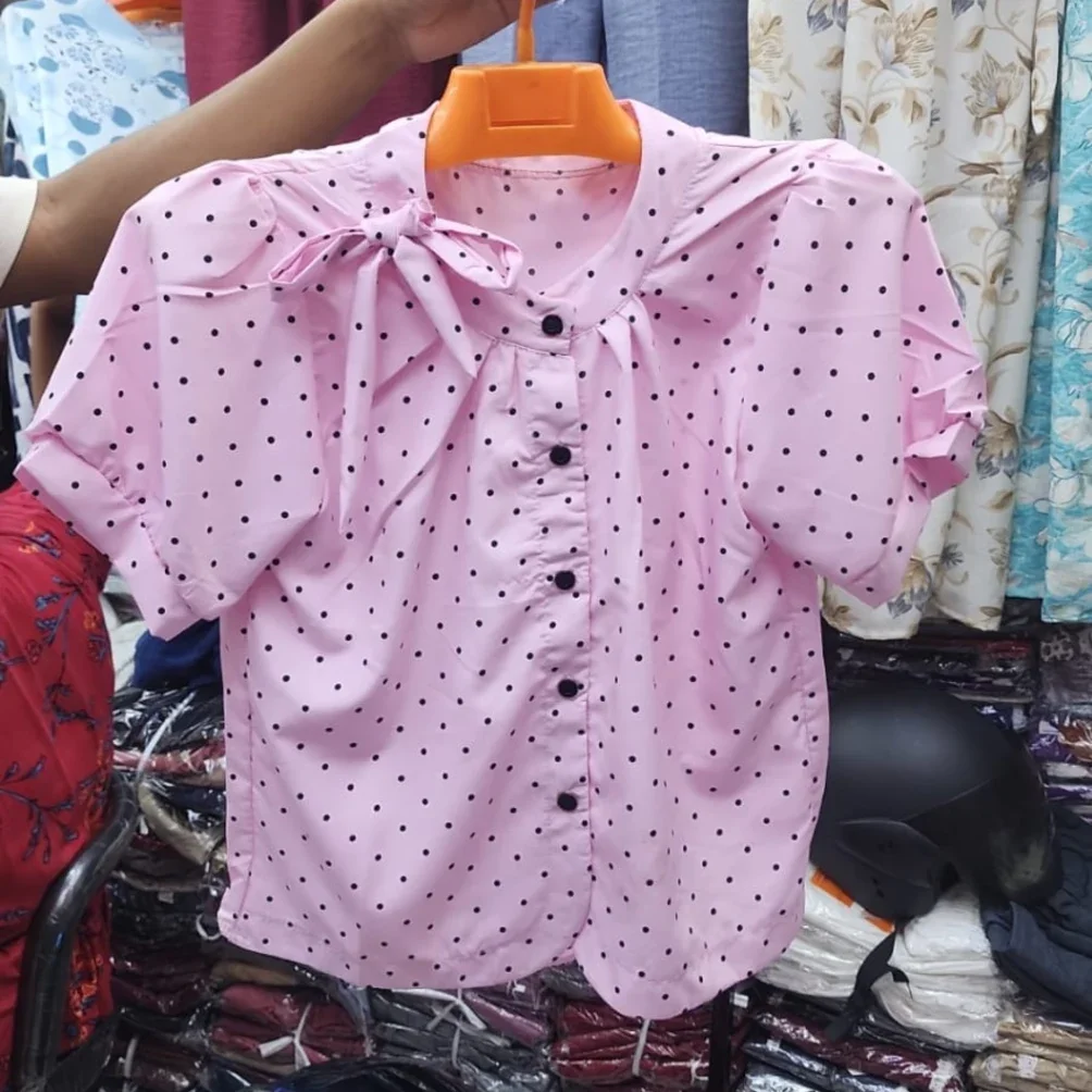 WearHub NP Pink Polka Dot Tie-Neck Blouse - image 2