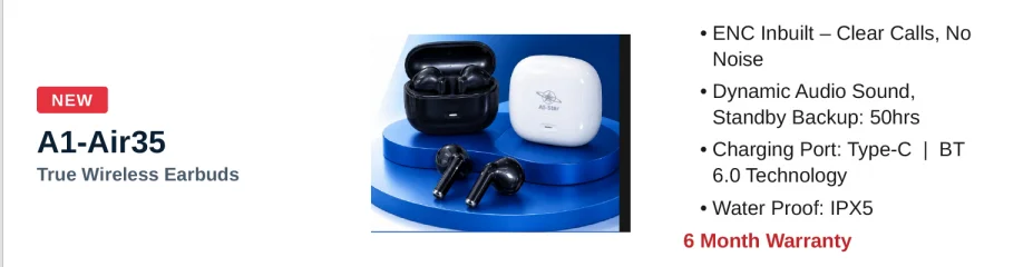 A1-Star A1-Air35 Bullet Airpods with Inbuilt ENC & 50 Hours Standby Wireless Earbuds - image 2