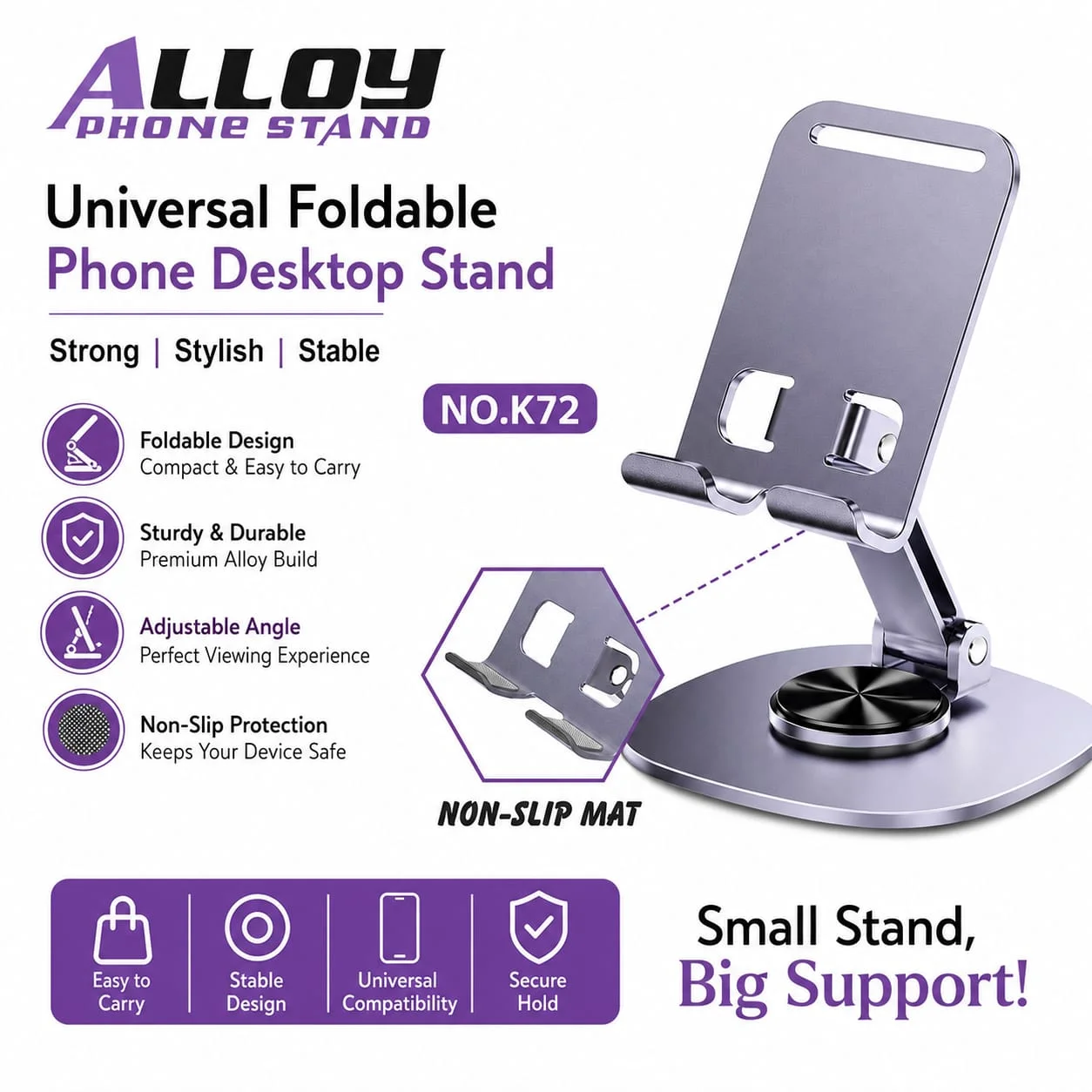 Alloy NO.K72 Universal Foldable Desktop Phone Stand & Swivel Cradle - image 2