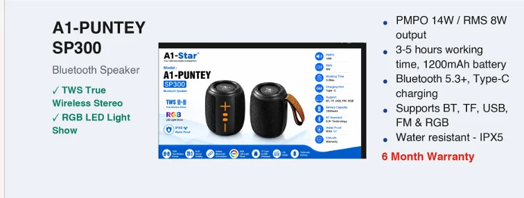 A1-Star A1-PUNTEY SP300 Portable Waterproof Outdoor Bluetooth Speaker with RGB Light & IPX5 Rating - image 2
