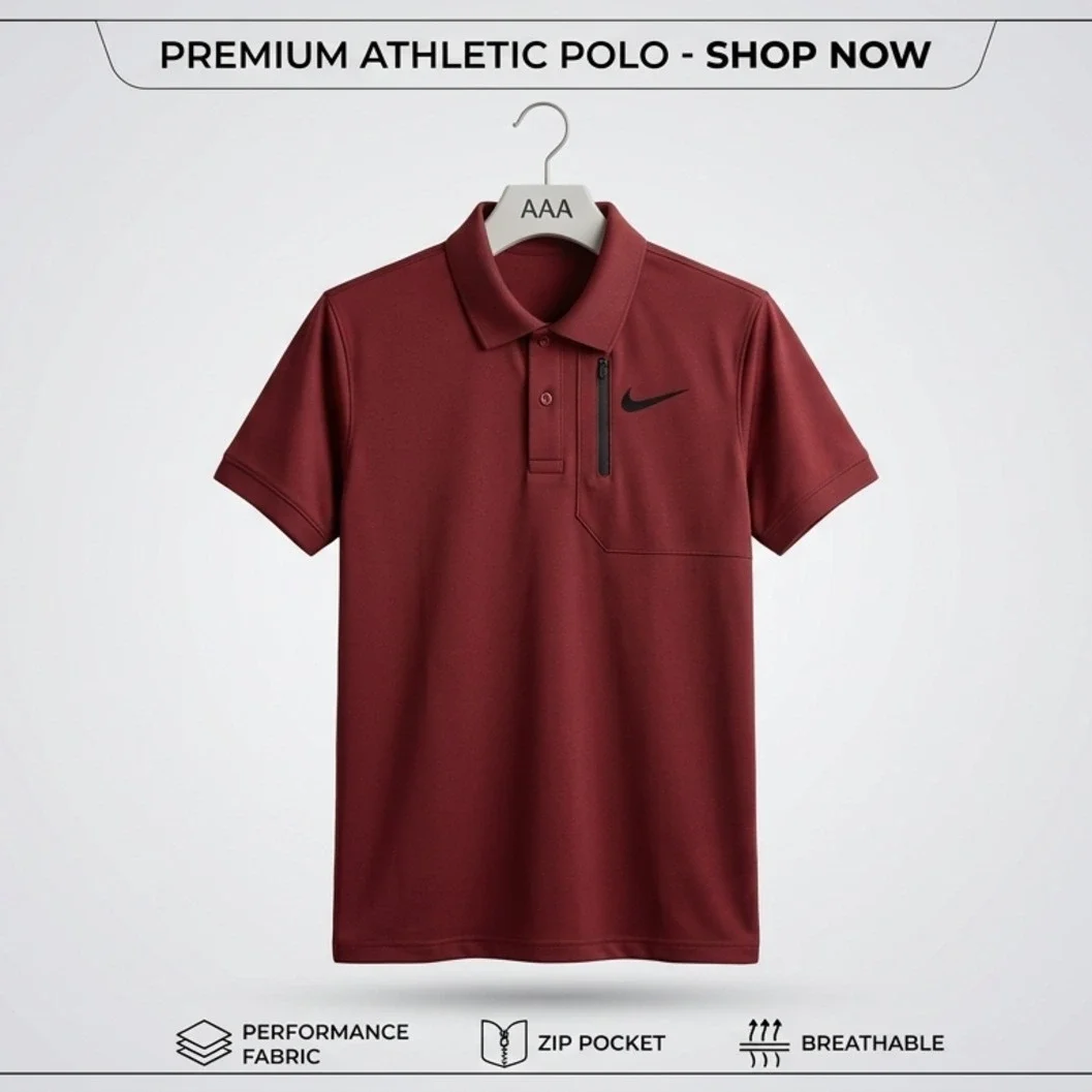 Nike Men's Premium Athletic Maroon/Dark Red Polo Shirt with Zippered Chest Pocket - image 2