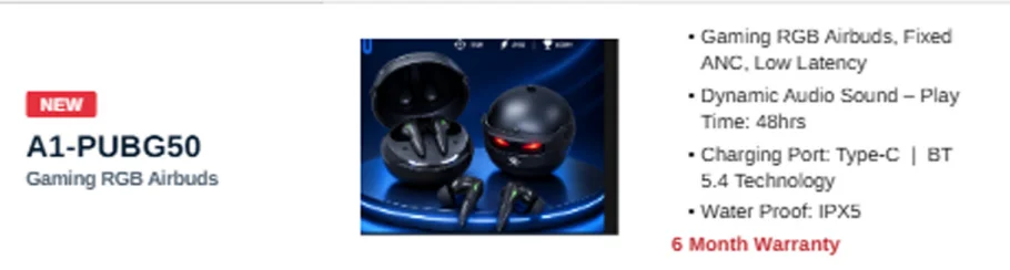 A1-Star A1-PUBG50 Gaming Low Latency TWS Headset with Bluetooth V5.4 & 48 Hours Working Time - image 2