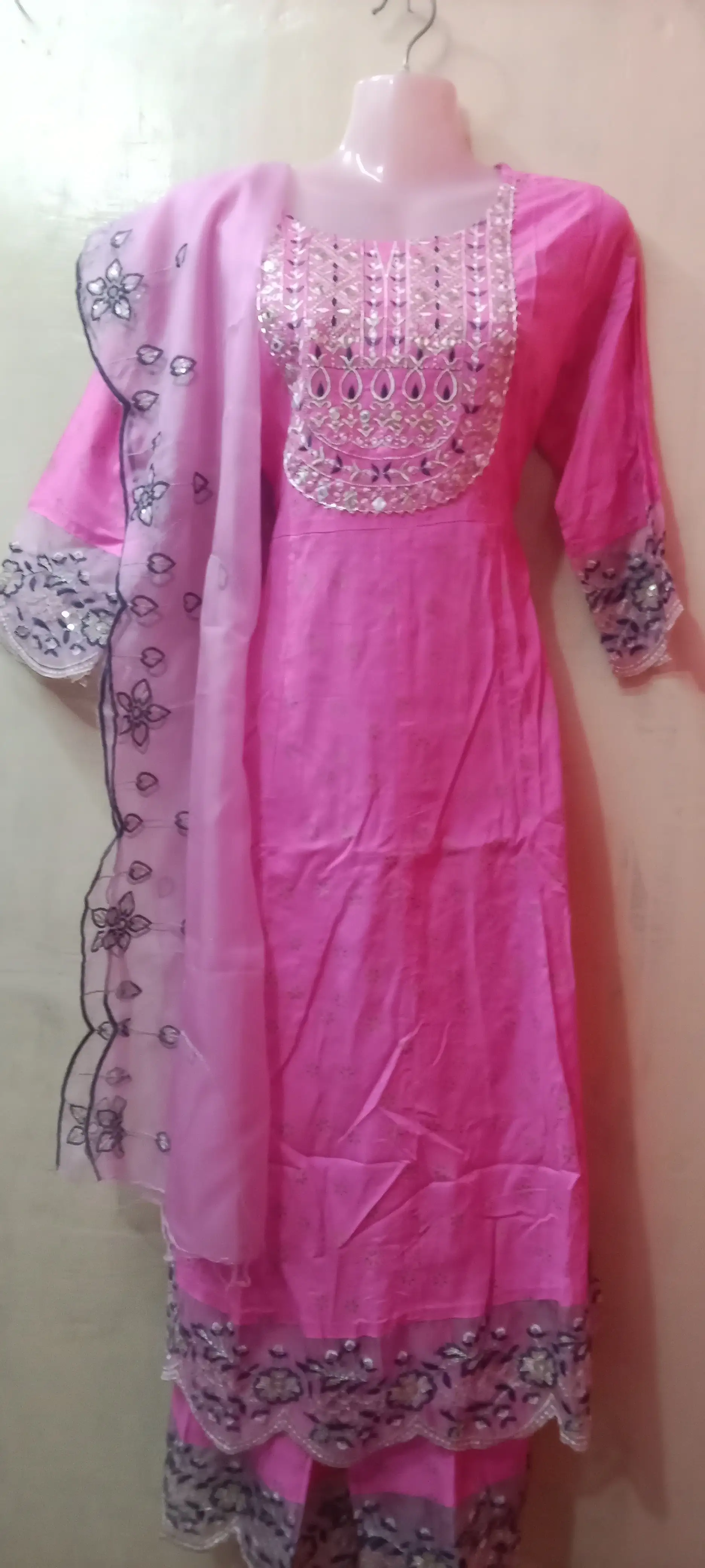  Pink Embroidered Designer Umbrella Kurta Set with Dupatta(Cotton) - image 2