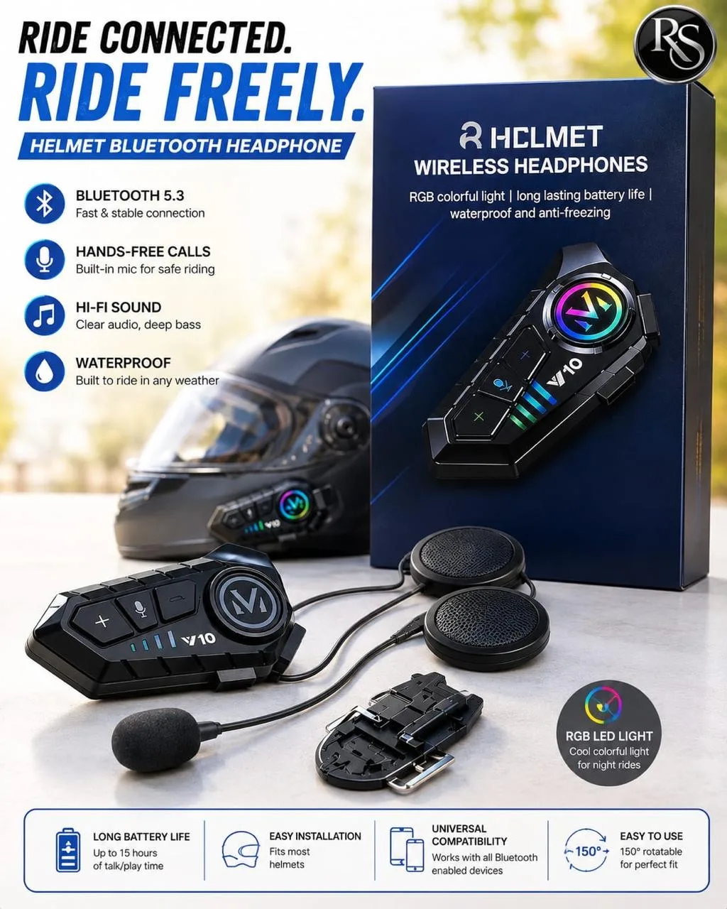 V10 Waterproof Motorcycle Helmet Bluetooth 5.3 Wireless Headset with RGB LED Light - image 2