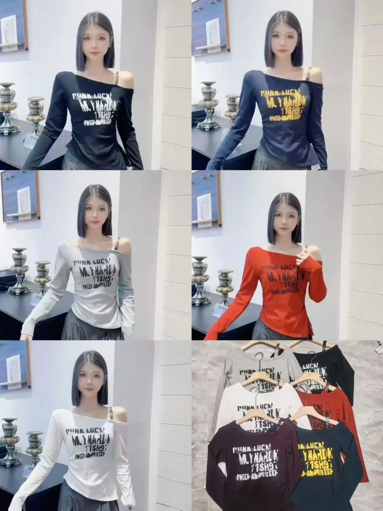 Stylish Off-Shoulder "PUNK LUCK!" Print Long Sleeve Top for Women - image 2