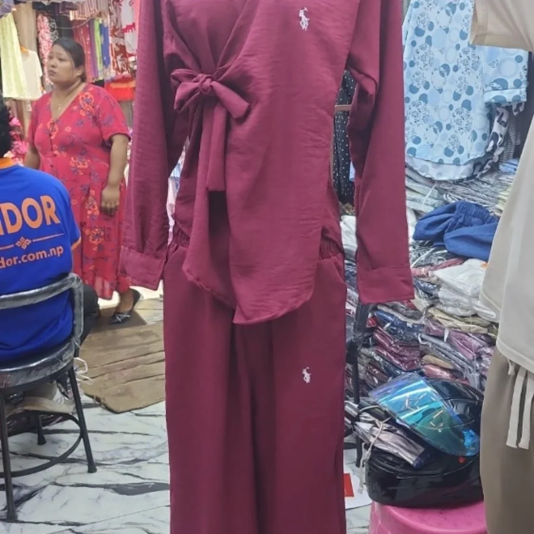 Women's Casual Side-Tie Long Sleeve Top and Pant Set - Maroon - image 2
