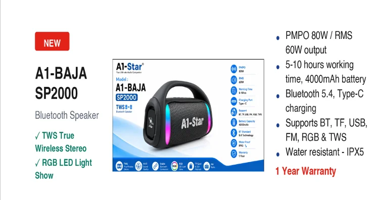 A1-Star A1-BAJA SP2000 80W Outdoor Karaoke Bluetooth Speaker with Wireless Mic, RGB Light & IPX5 Rating - image 2