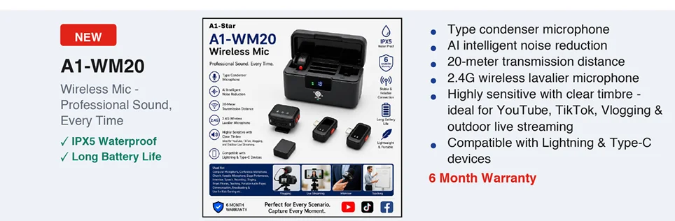 A1-Star A1-WM20 2.4G Wireless Lavalier Microphone System with AI Noise Reduction & Digital LED Display Case - image 2