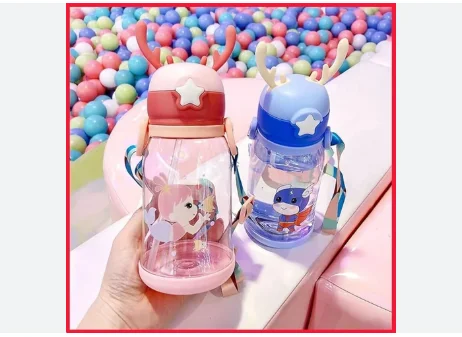 Cute Antler Kids Water Bottle with Straw & Strap - Leakproof Plastic Sippy Cup - image 2
