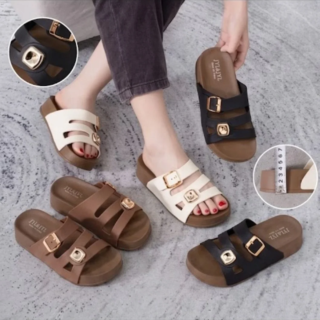 Women's Gold Buckle & Embellished Strap Platform Slide Sandals - image 2