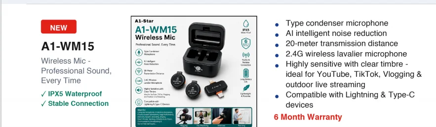 A1-Star A1-WM15 Wireless AI Microphone System with Hi-Res Audio & AI Noise Reduction - image 2