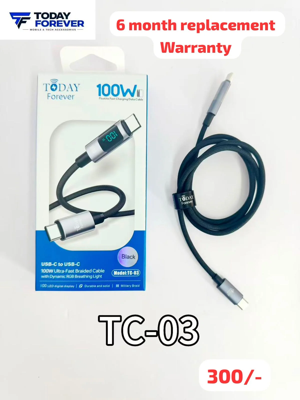 Today Forever 100W Ultra-Fast Braided Cable Model TC-03 (LED Display & Dynamic RGB Light Type-C to Type-C) - image 2