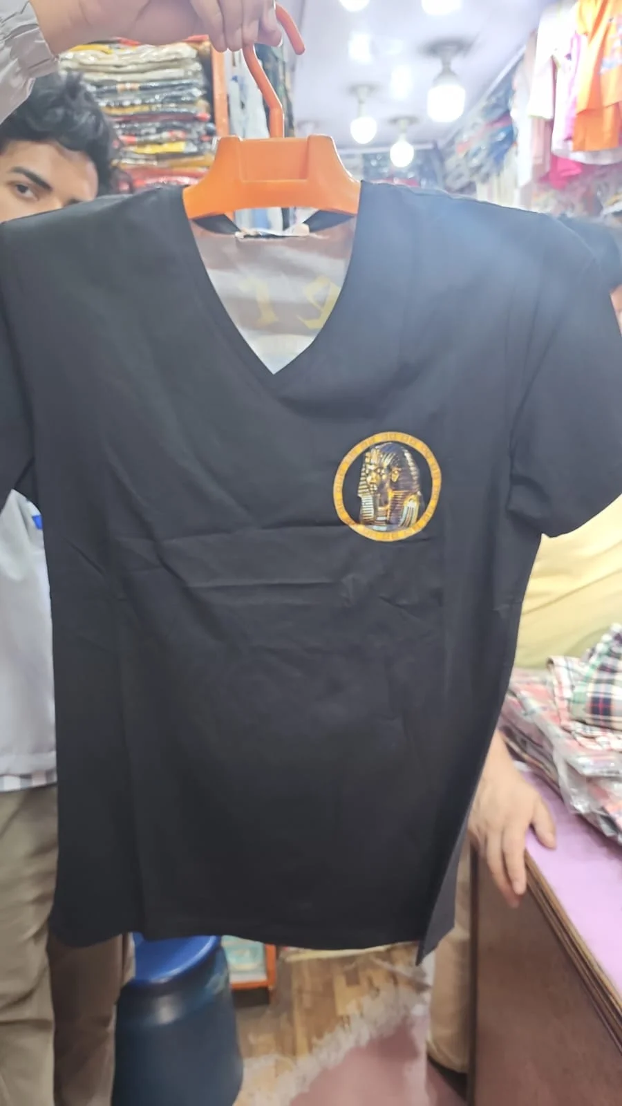 Men's Black V-Neck T-Shirt with Gold Egyptian Pharaoh Emblem - image 2