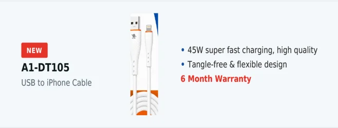 A1-Star A1-DT105 Heavy Duty 45W Fast Charging USB Data Cable for iPhone - image 2