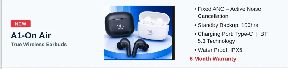 A1-Star A1-On Air Bullet Airpods with Fixed 30dB ANC & 40ms Low Latency Wireless Earbuds - image 3